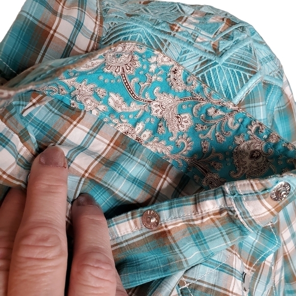 Panhandle Rough Stock Women's Turquoise Western Shirt, Snap Plaid Shirt Sz XL - Picture 8 of 14